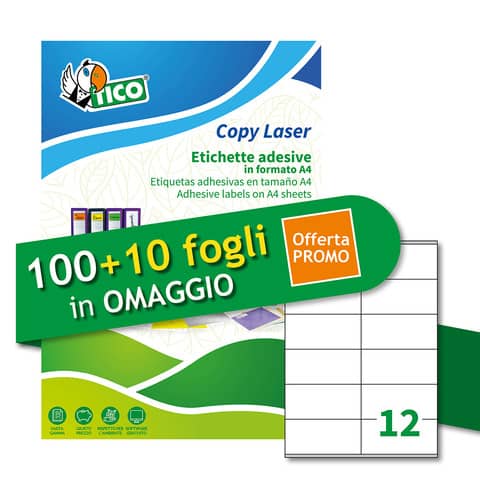 Etichette bianche adesive permanenti Tico laser/inkjet 12 et./foglio conf. 100+10 ff OMAGGIO 105x48 mm